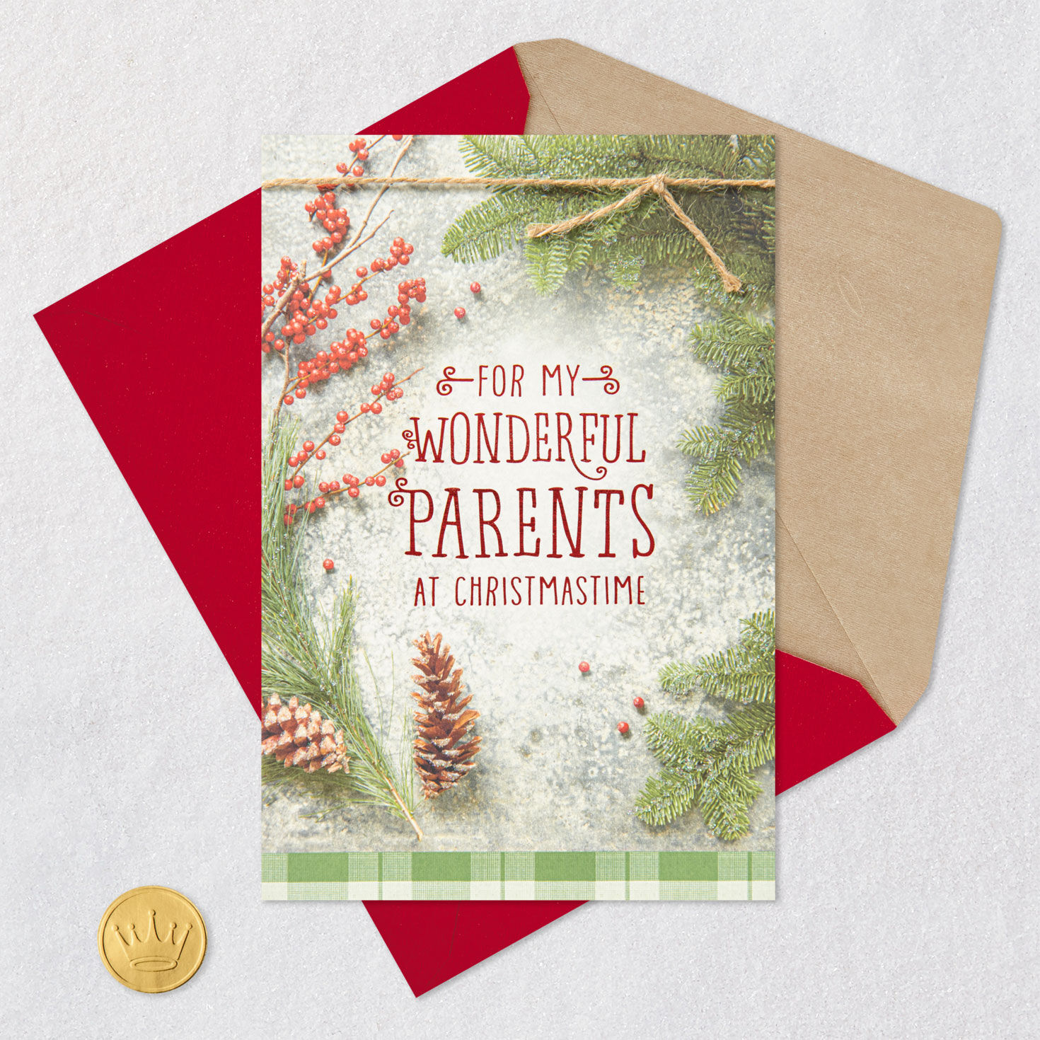 Holiday Greenery Parents Christmas Card Card Front with Envelope and Gold Seal image number 6