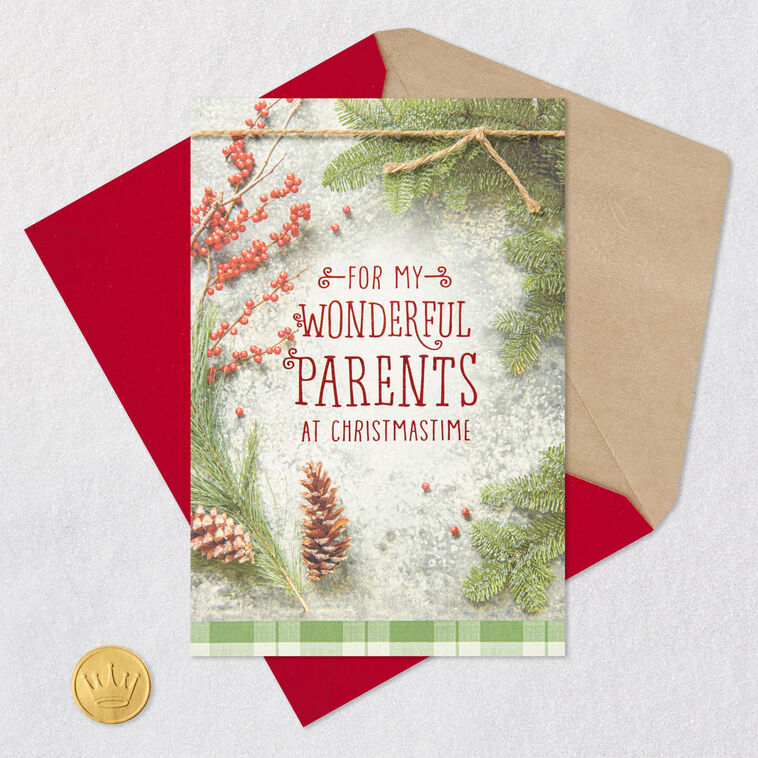 Holiday Greenery Parents Christmas Card Card Front with Envelope and Gold Seal image number 6