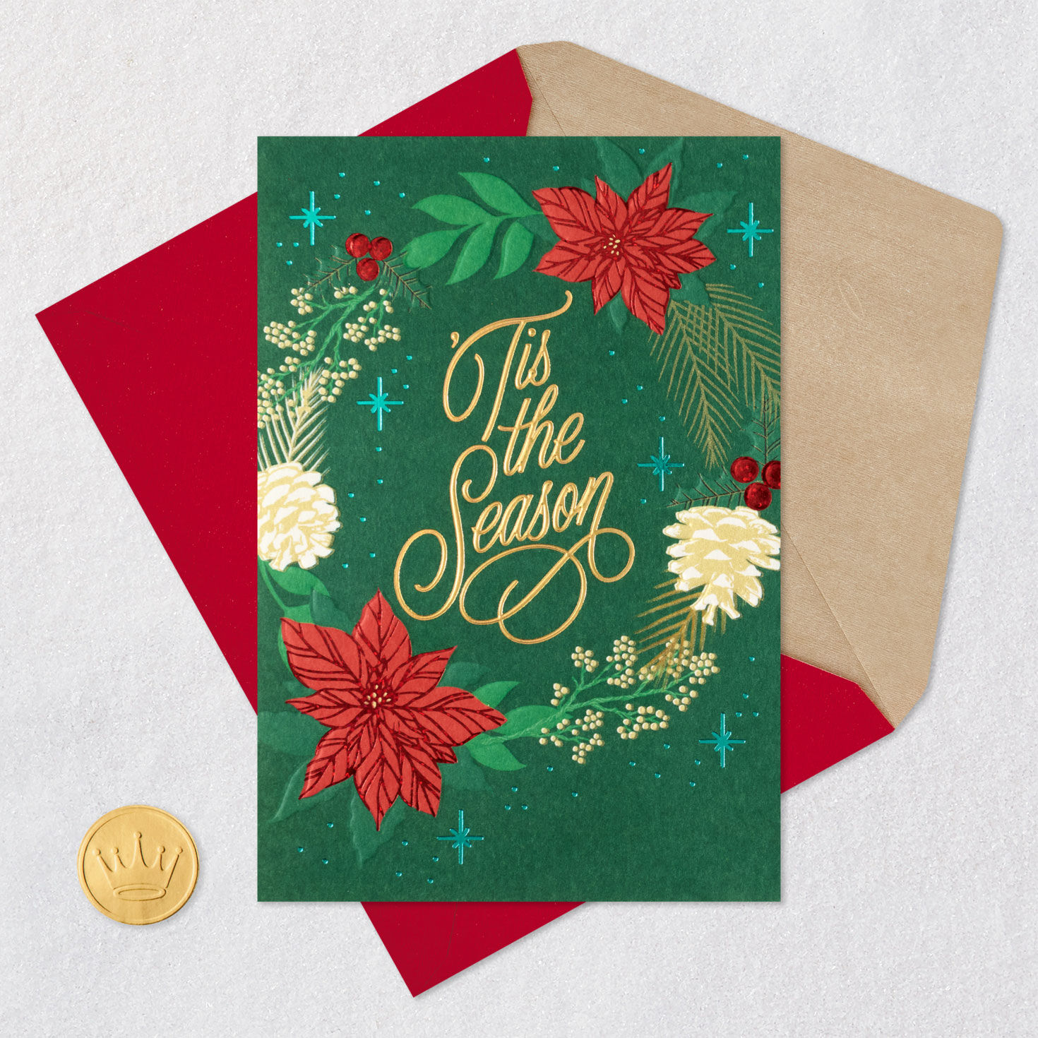 Poinsettia Wreath on Green Christmas Card Card Front with Envelope and Gold Seal image number 6