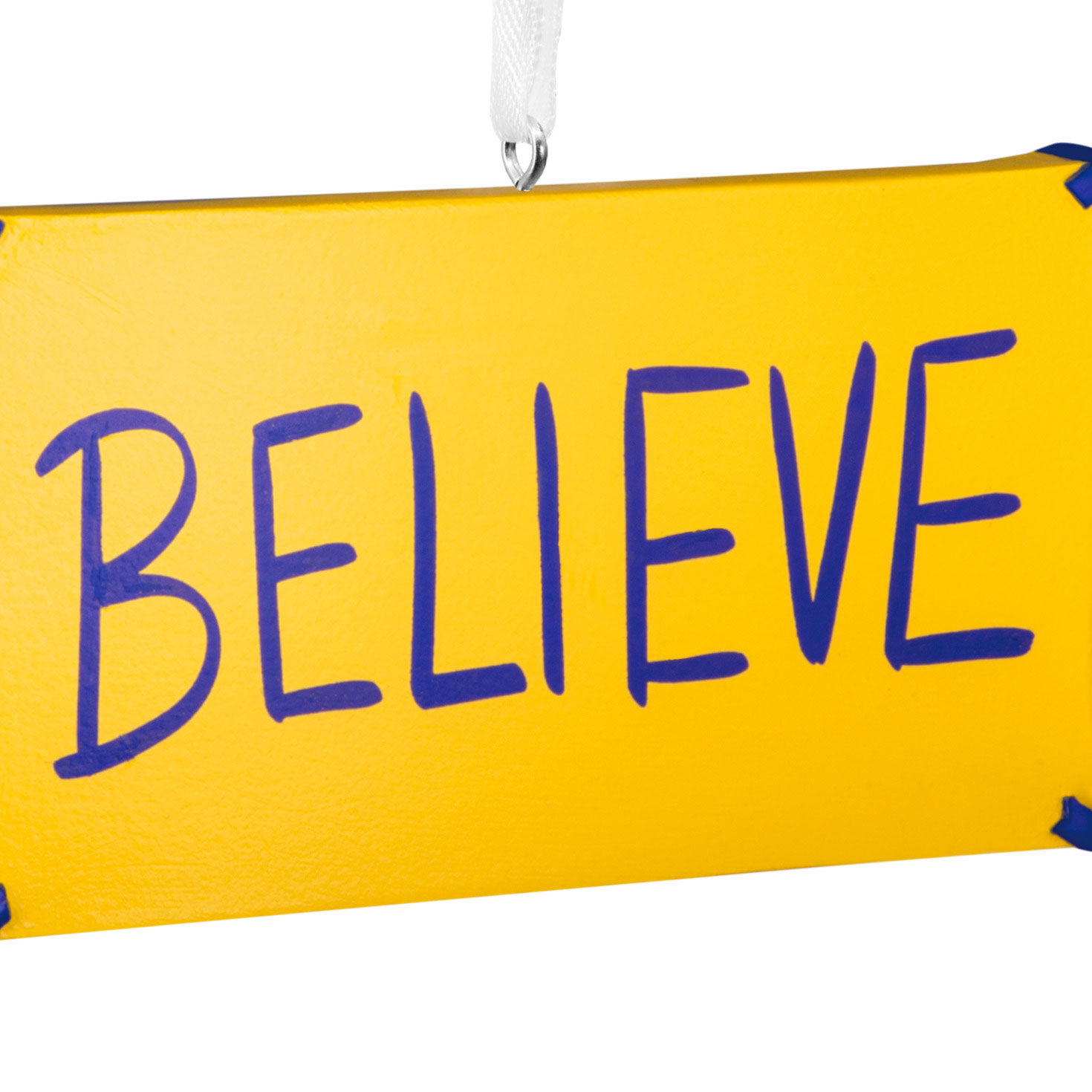 Yellow Blue Believe Sign Christmas Ornament closeup view image number 5
