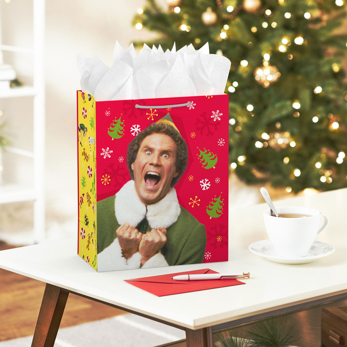 Buddy the Elf on Red Large Christmas Gift Bag in use image number 2