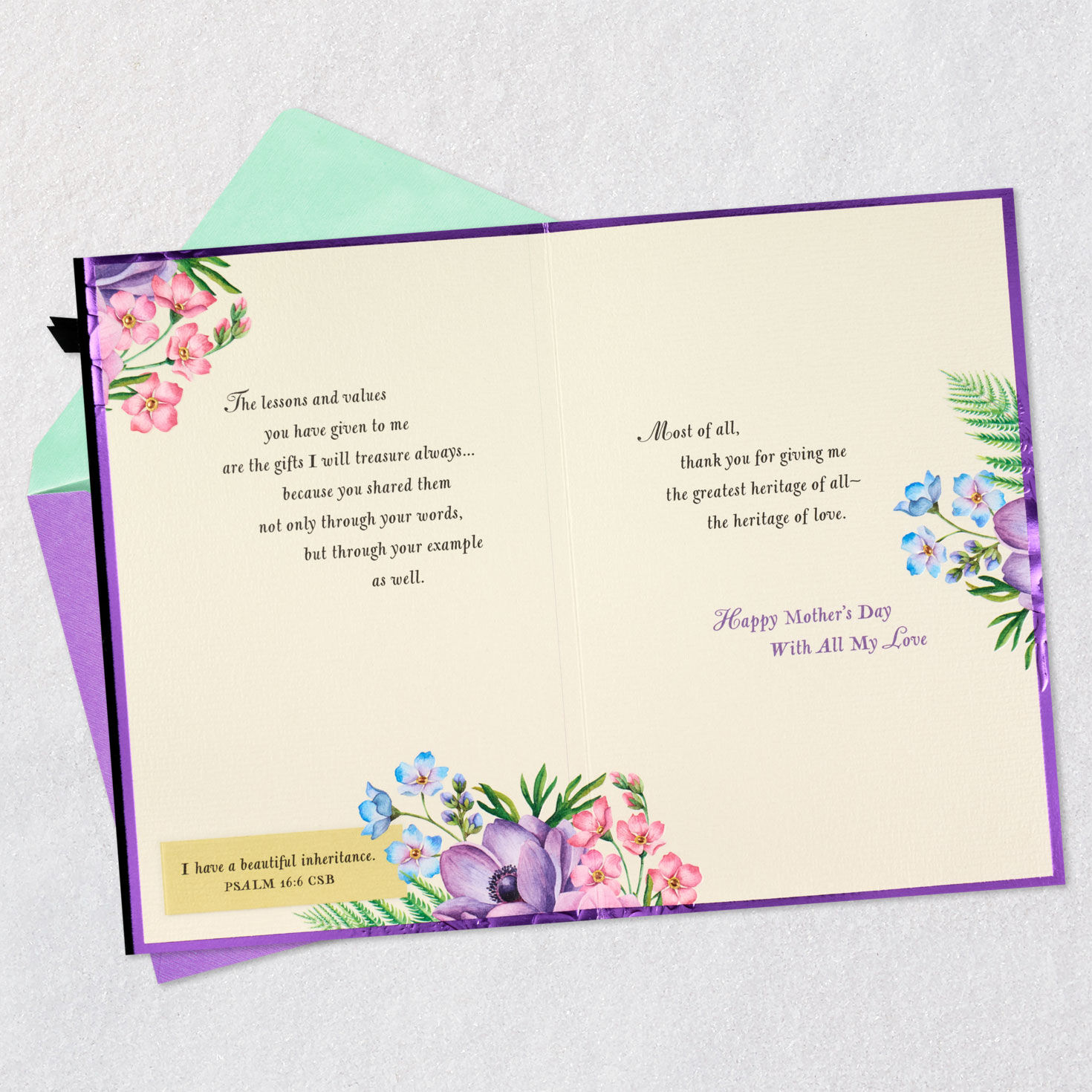 Vintage Flowers Religious Mother's Day Card for Mom open card with envelope image number 5