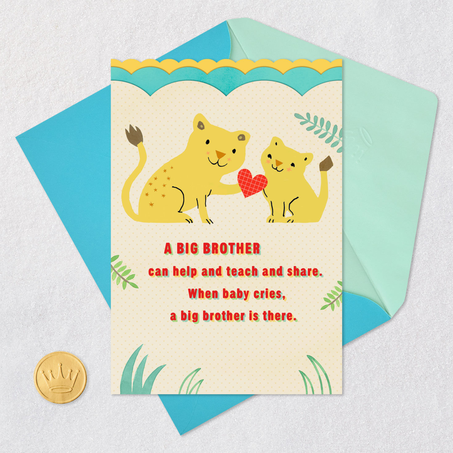 Lion Cubs With Heart Big Brother New Baby Card Card Front with Envelope and Gold Seal image number 5