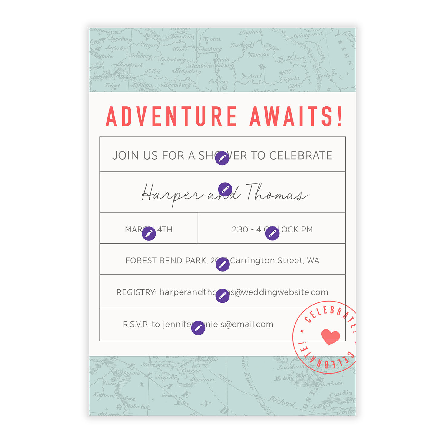 Map Travel Stamp Personalized Shower Invitation Card Front indicating personalization image number 5