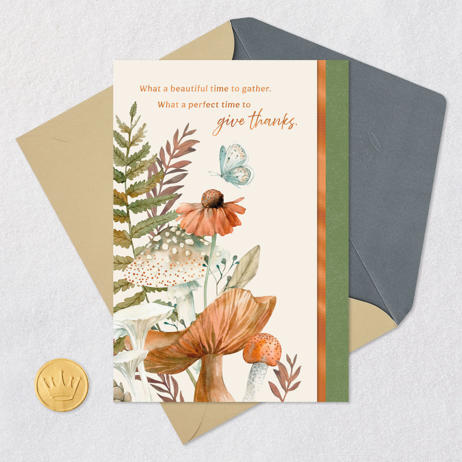Butterfly, Flowers and Mushrooms Thanksgiving Card Card Front with Envelope and Gold Seal image number 5