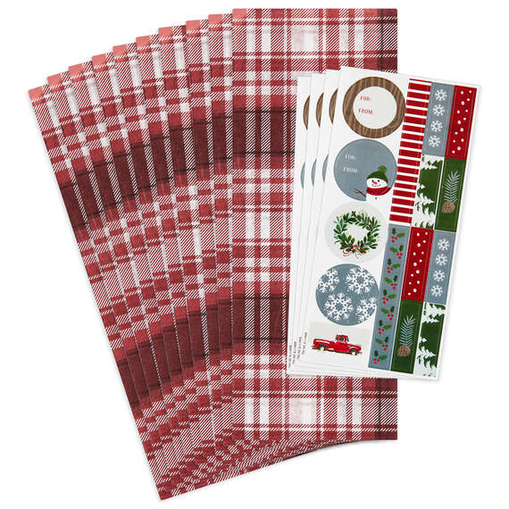 Red and White Holiday Plaid Tissue Paper With Gift Tag Stickers, 10 sheets