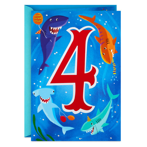 Fin-tastic Four Sharks 4th Birthday Card With Stickers, 