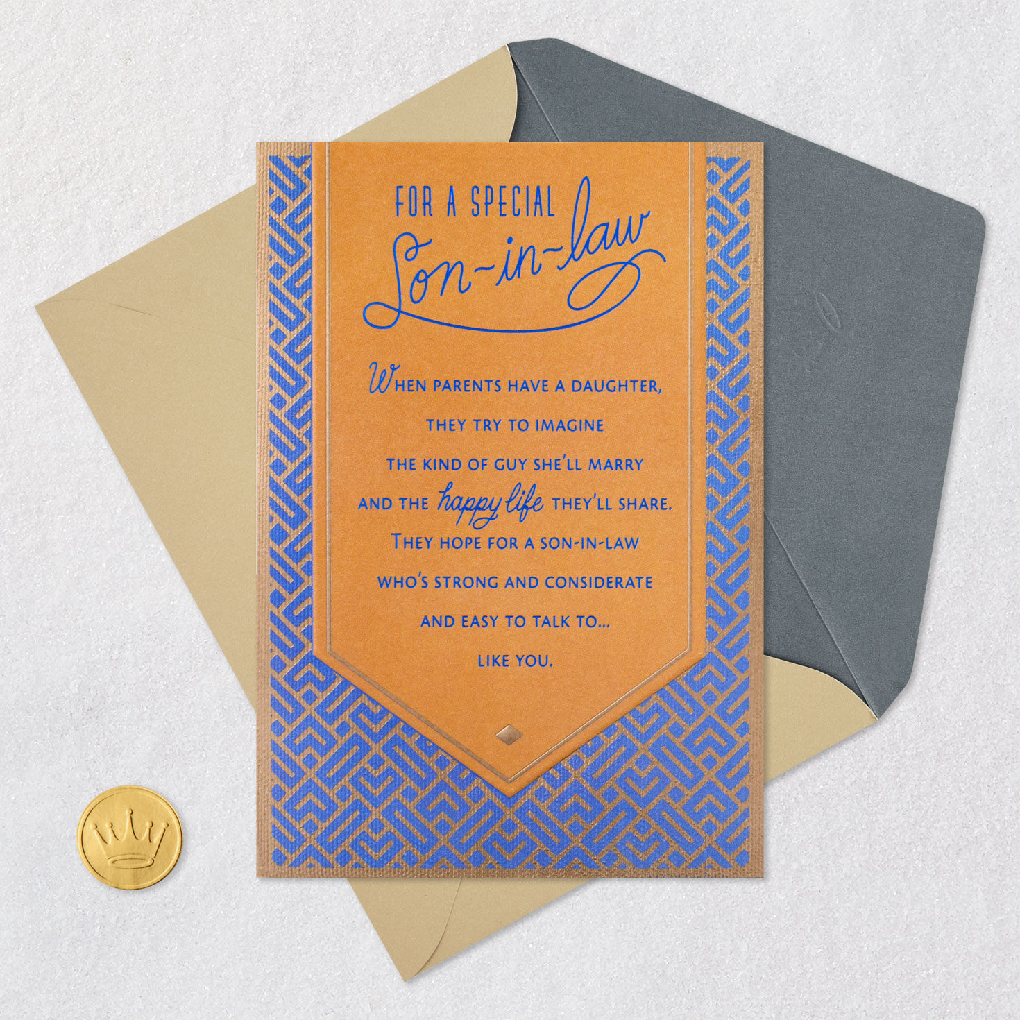 Geometric Blue and Tan Son-in-Law Birthday Card Card Front with Envelope and Gold Seal image number 5