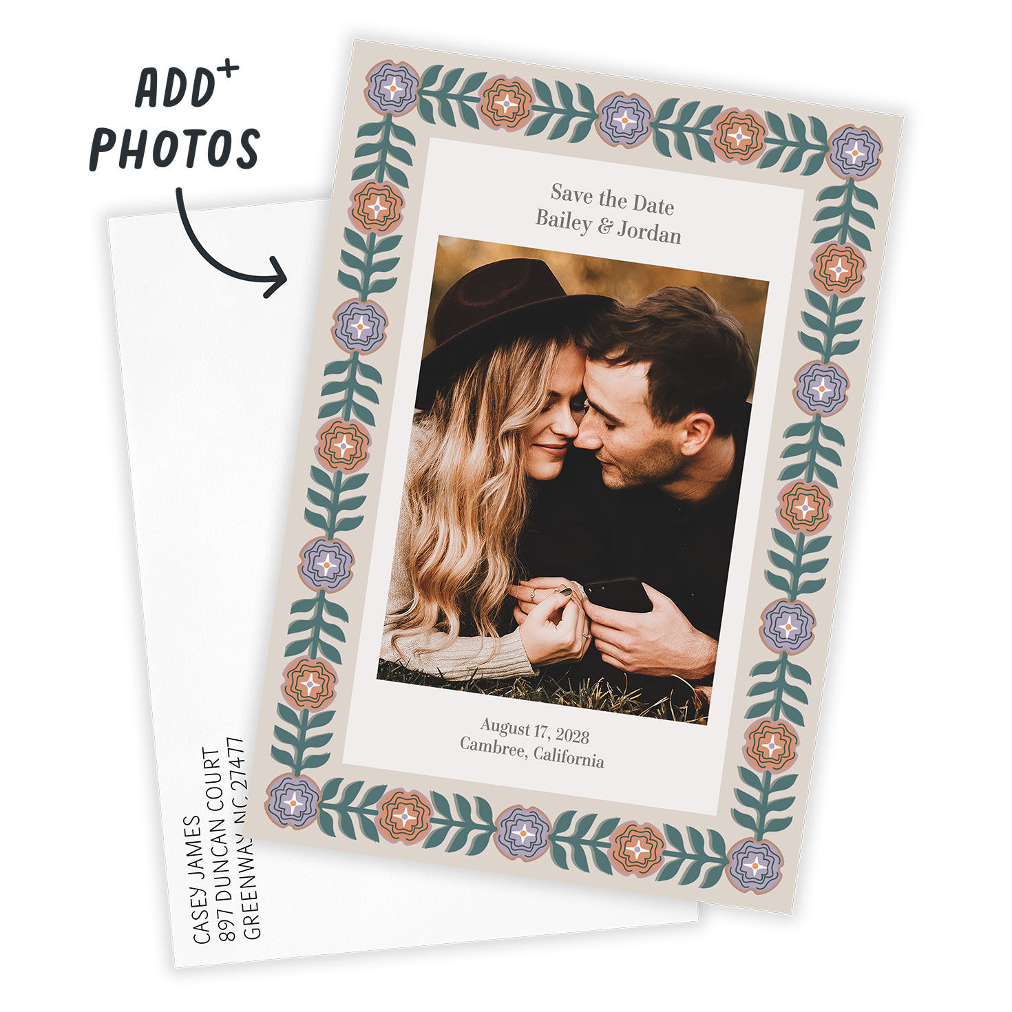 Floral Border Personalized Save the Date Card Card Front indicating personalization image number 2