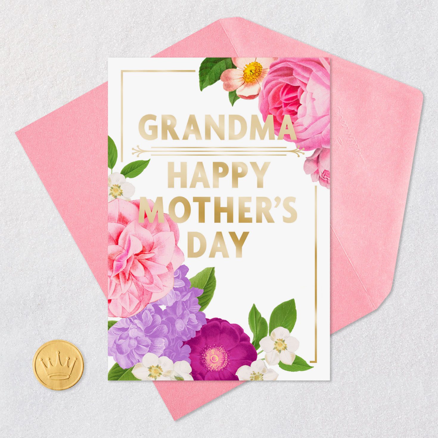 Pink, Purple and White Flowers Grandma Mother's Day Card Card Front with Envelope and Gold Seal image number 6