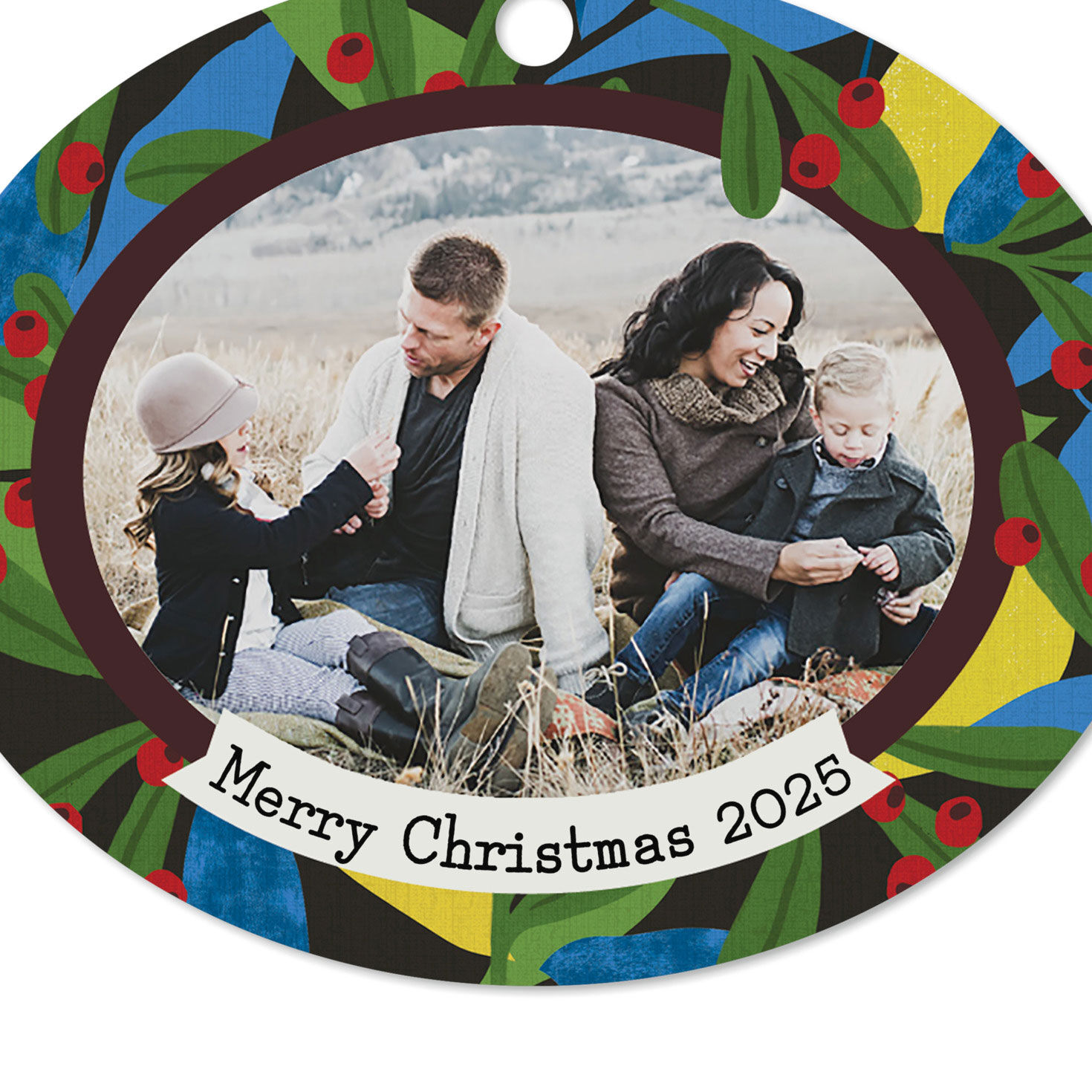 Holiday Holly Horizontal Oval Metal Personalized Ornament, Custom Photo and Text, , large image number 4