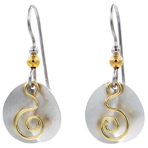 Gold Coil and Silver Creased Disc Drop Earrings, 