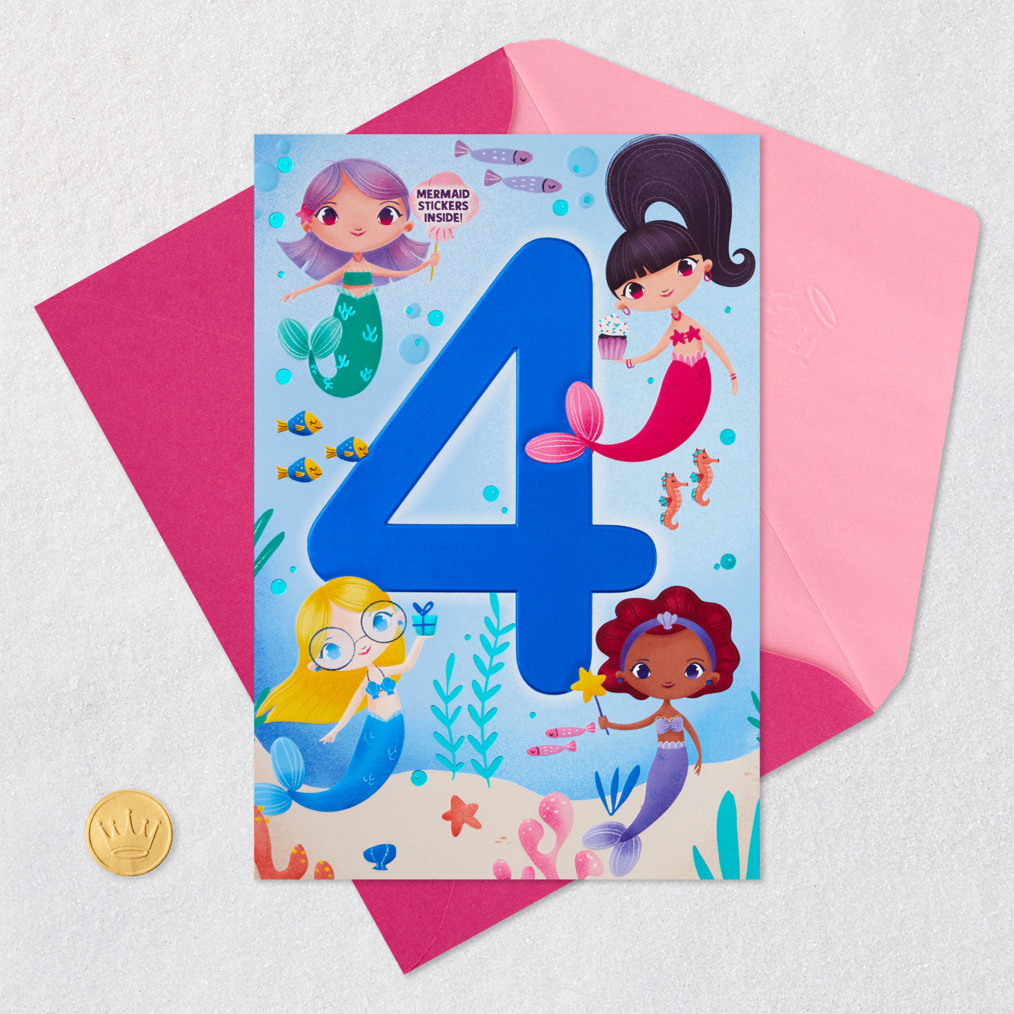 Cute Mermaids 4th Birthday Card With Stickers Card Front with Envelope and Gold Seal image number 6