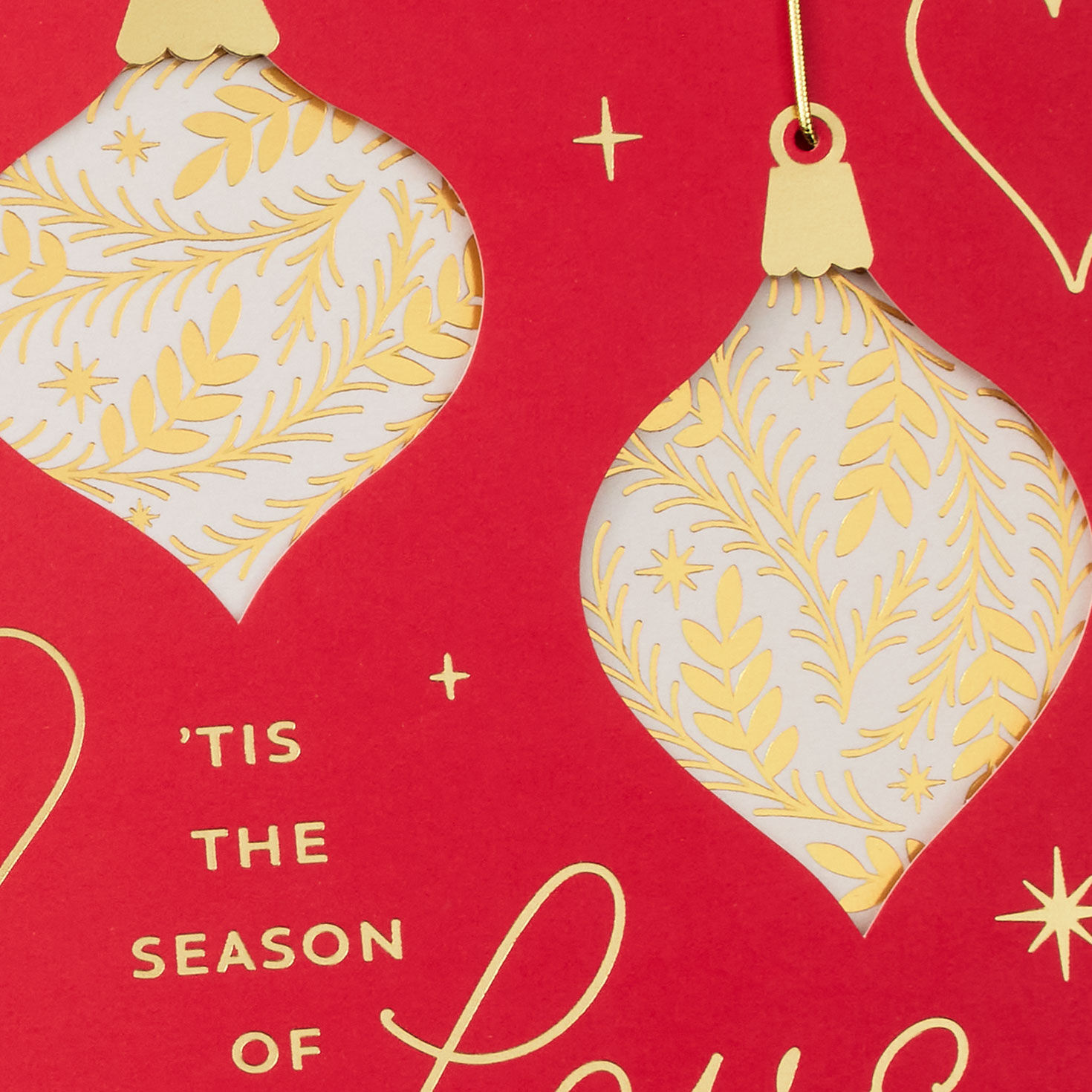 Gold Ornaments on Red Romantic Christmas Card Card Front Detail image number 5