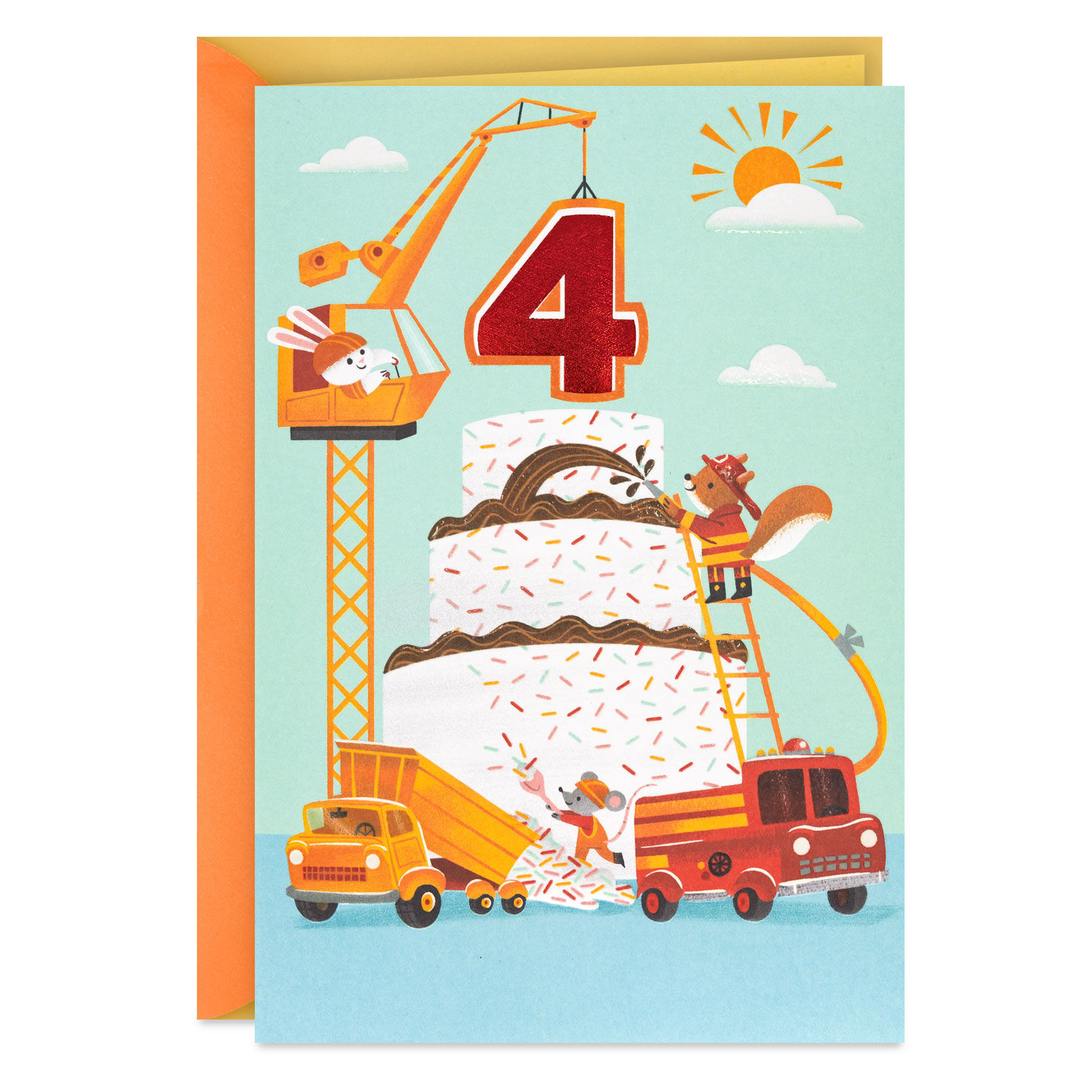 Cake and Construction Worker Animals in Trucks 4th Birthday Card