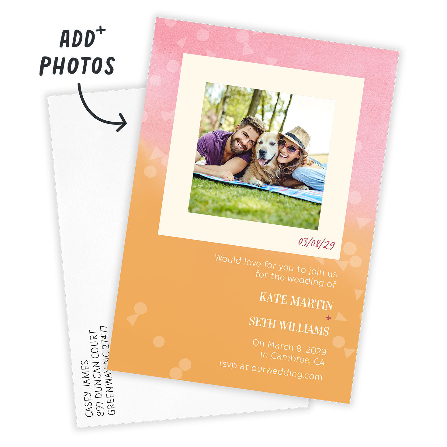Pink Orange With Photo Personalized Wedding Invitation Card front with Envelope indicating personalization image number 2