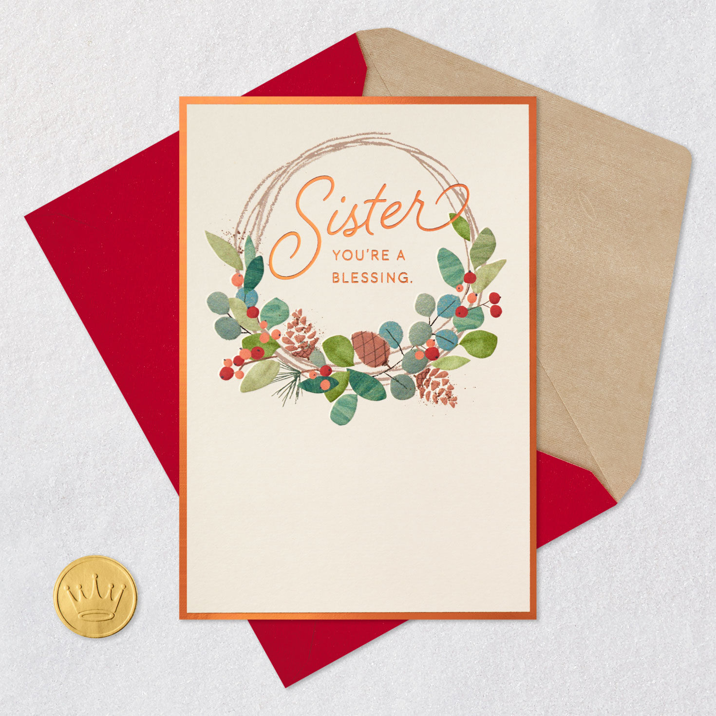 Winter Wreath Christmas Card for Sister Card Front with Envelope and Gold Seal image number 5