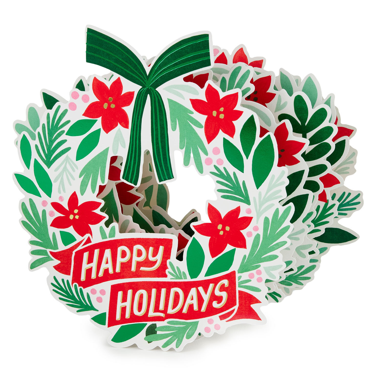 Red and Green Poinsettia Wreath Christmas Card front image number 2