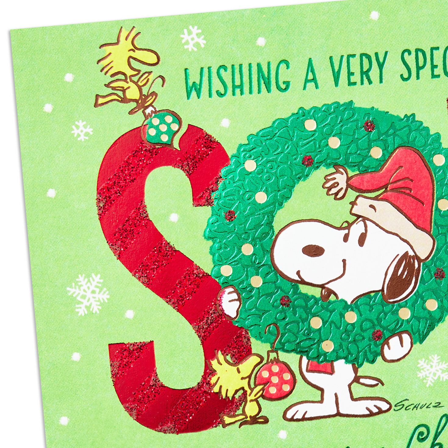 Peanuts® Snoopy and Woodstock in Wreath Christmas Card for Son