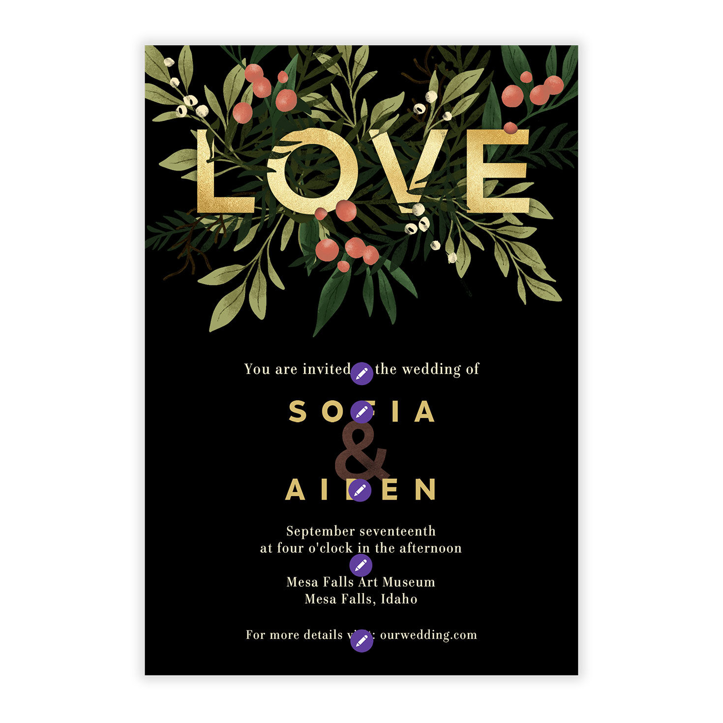 Gold Love on Black Personalized Wedding Invitation Card Front indicating personalization image number 5