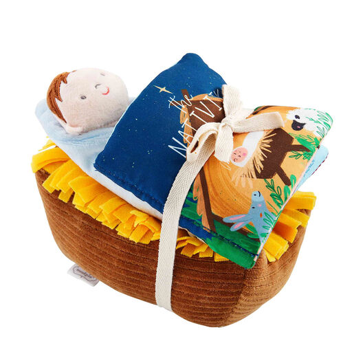 Mud Pie Nativity Soft Book and Plush Baby Jesus in Manger With Sound, Set of 2, 