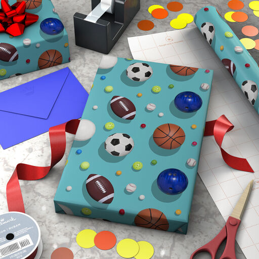 Sports Balls on Blue Wrapping Paper, 20 sq. ft., 