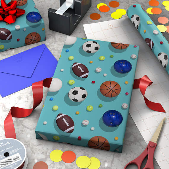 Sports Balls on Blue Wrapping Paper, 20 sq. ft., , large image number 2
