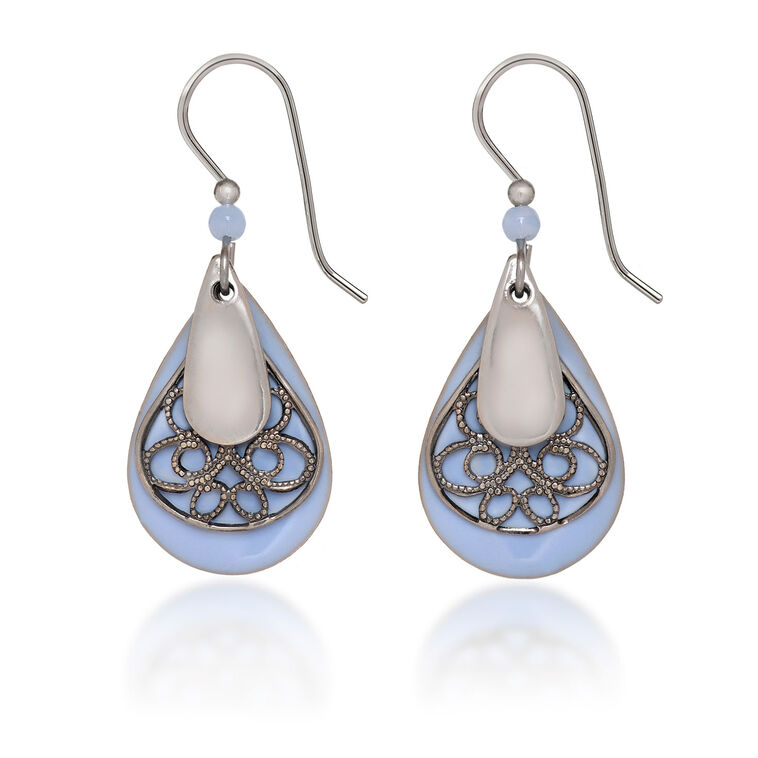 Silver Forest Blue Teardrop With Silver Filigree Layered Drop Earrings