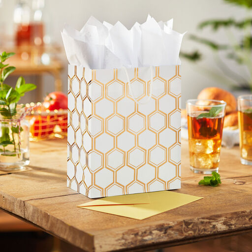 9.6" Gold Foil Hexagons on White Medium Gift Bag, 