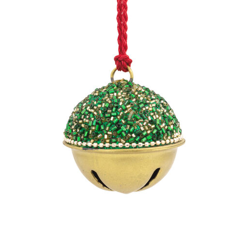 Green Beaded Jingle Bell Metal Hallmark Ornament, 