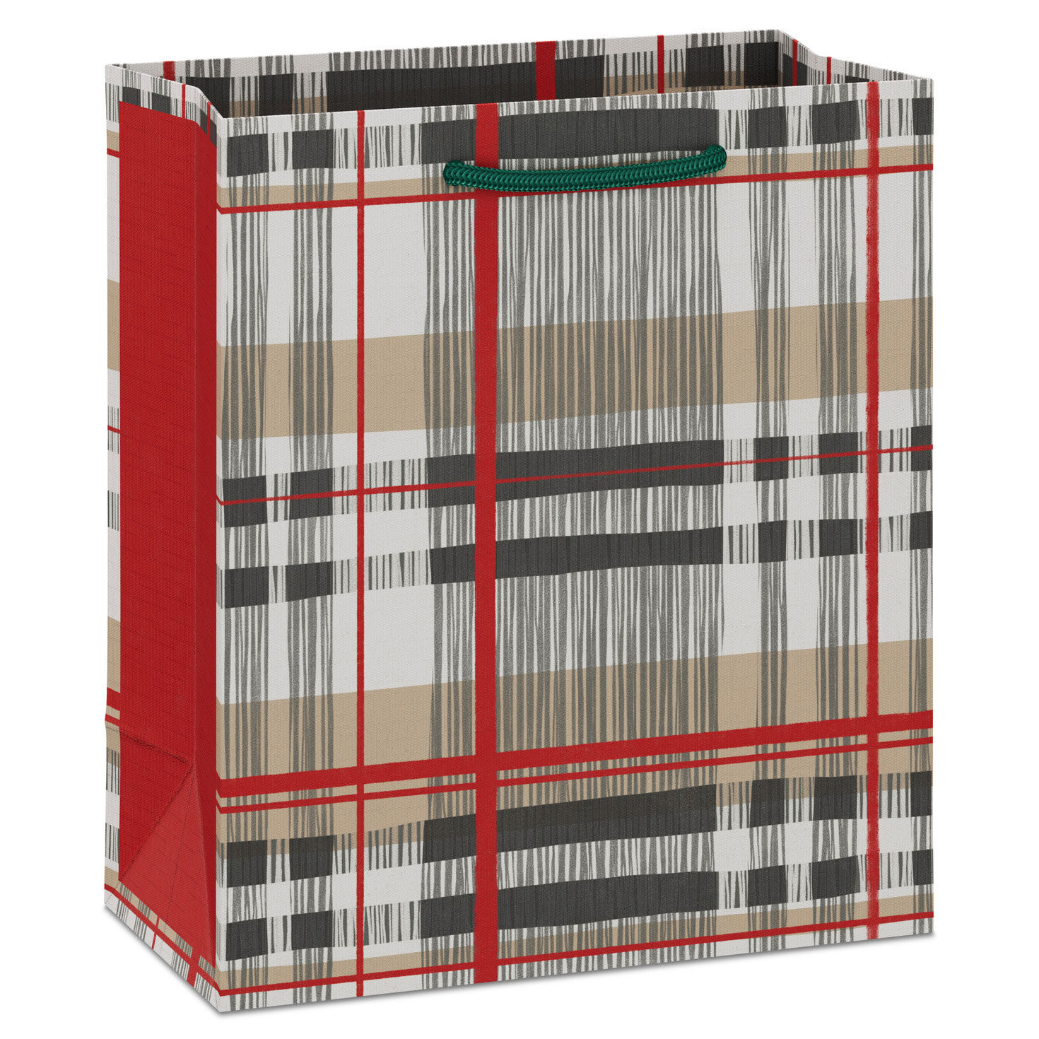 6.5" Khaki, Red and Gray Plaid Small Christmas Gift Bag