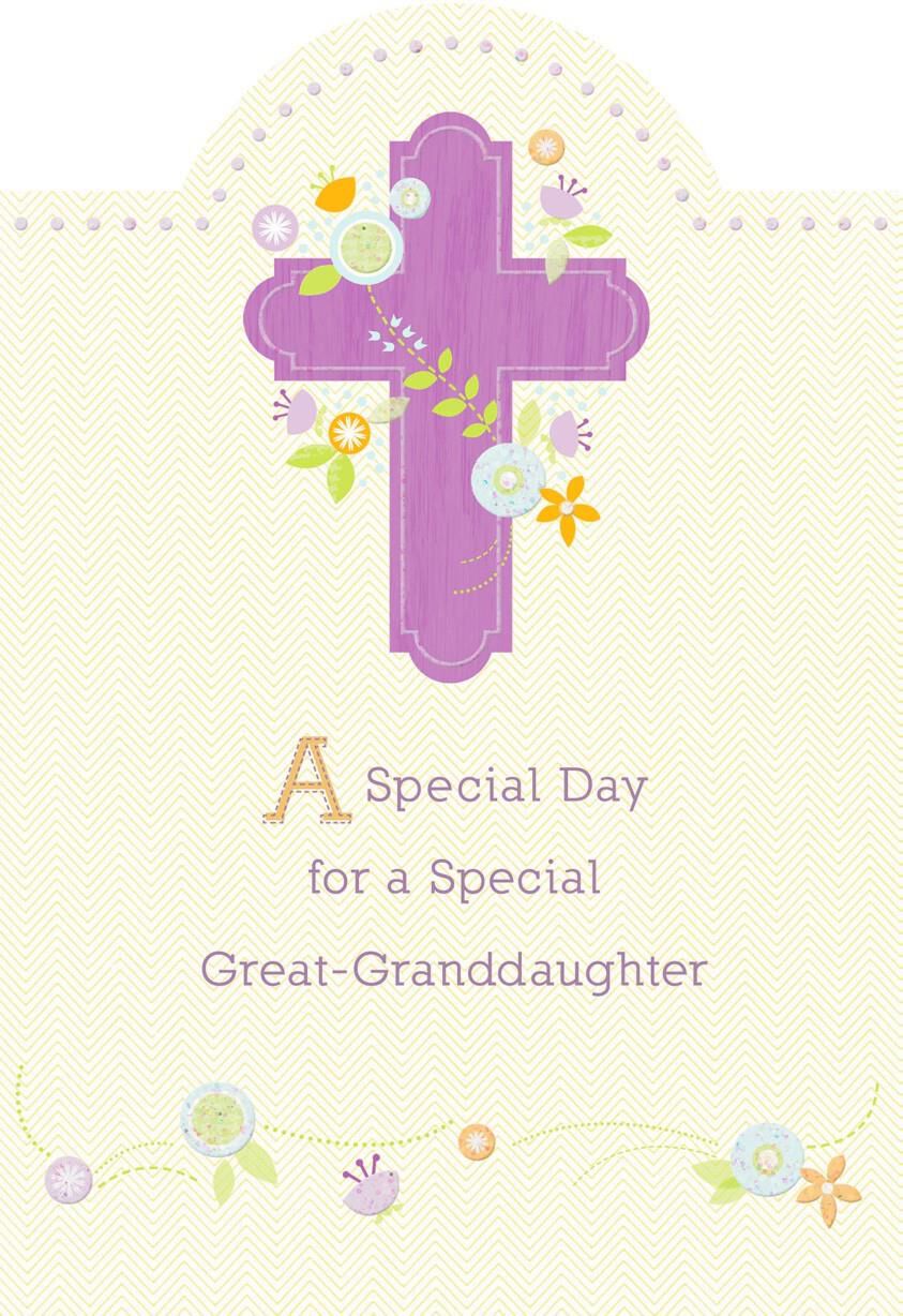 Purple Cross and Flowers First Communion Card for Great-Granddaughter