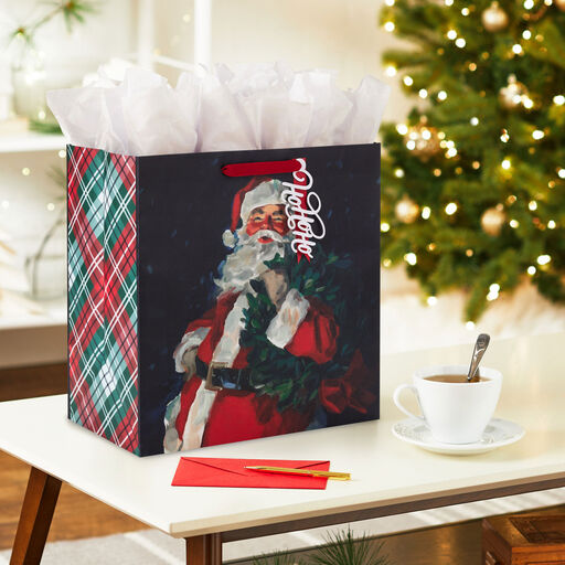 15" Santa Portrait on Black Extra-Deep Christmas Gift Bag, 