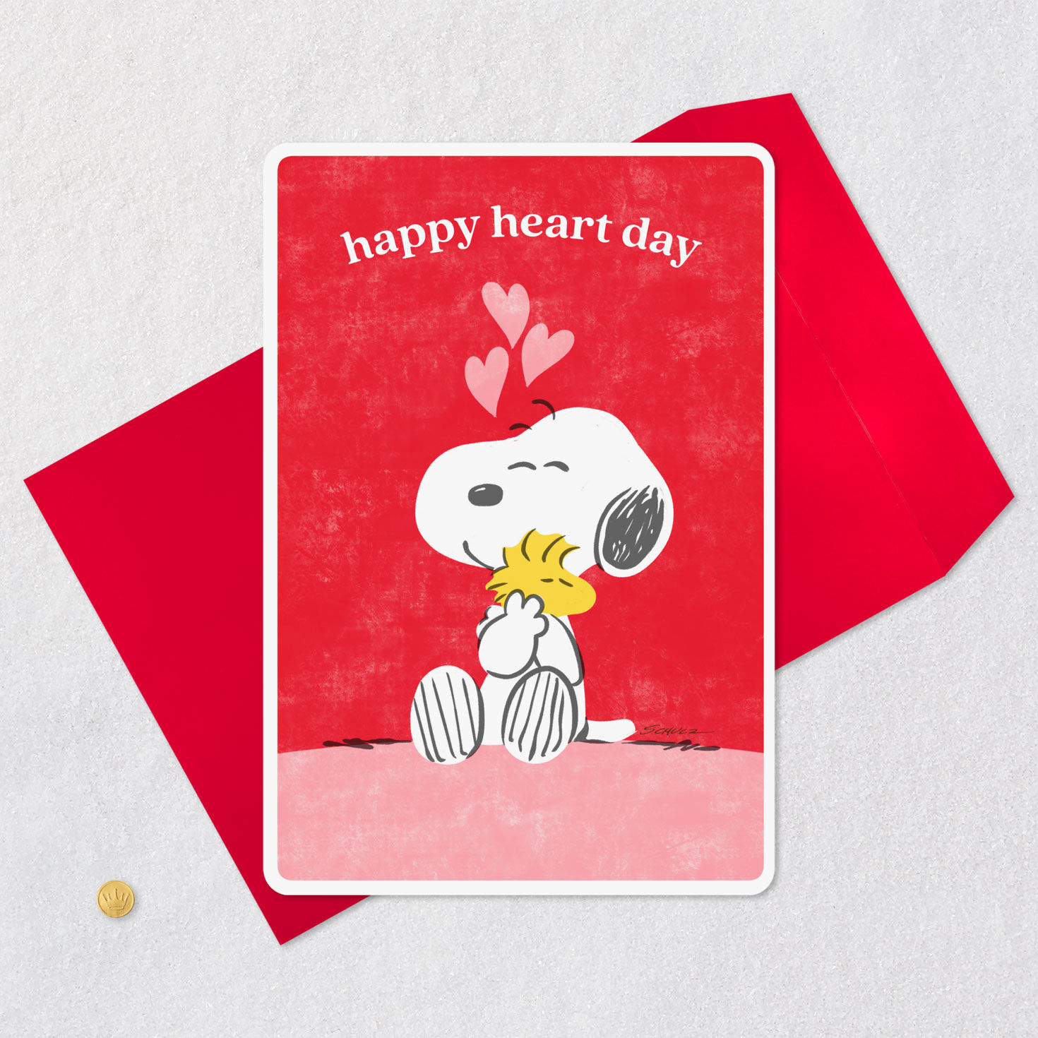Snoopy Hugging Woodstock Red and Pink Valentine's Day Card Card Front with Envelope and Gold Seal image number 6
