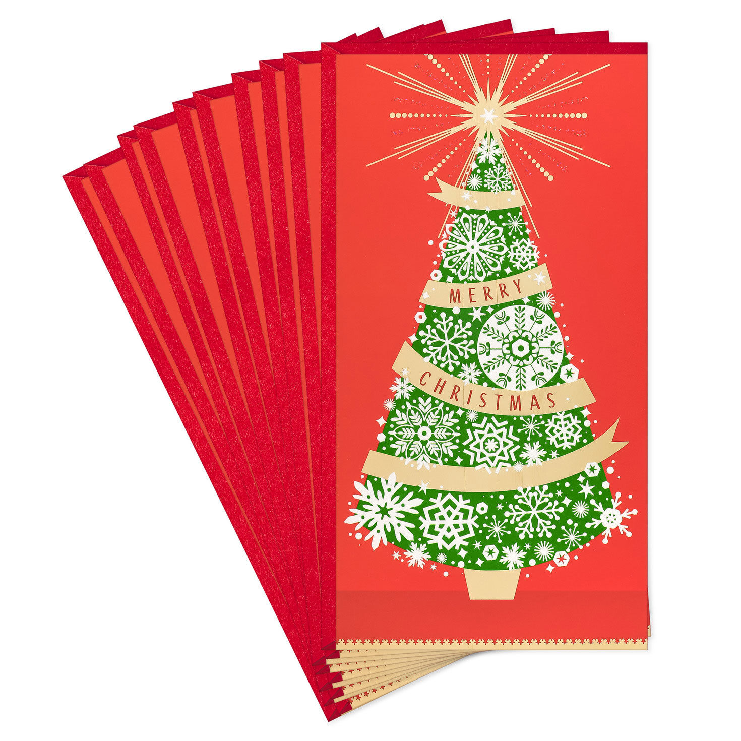 Snowflakes on Decorated Tree Money Holder Christmas Cards, Pack of 10
