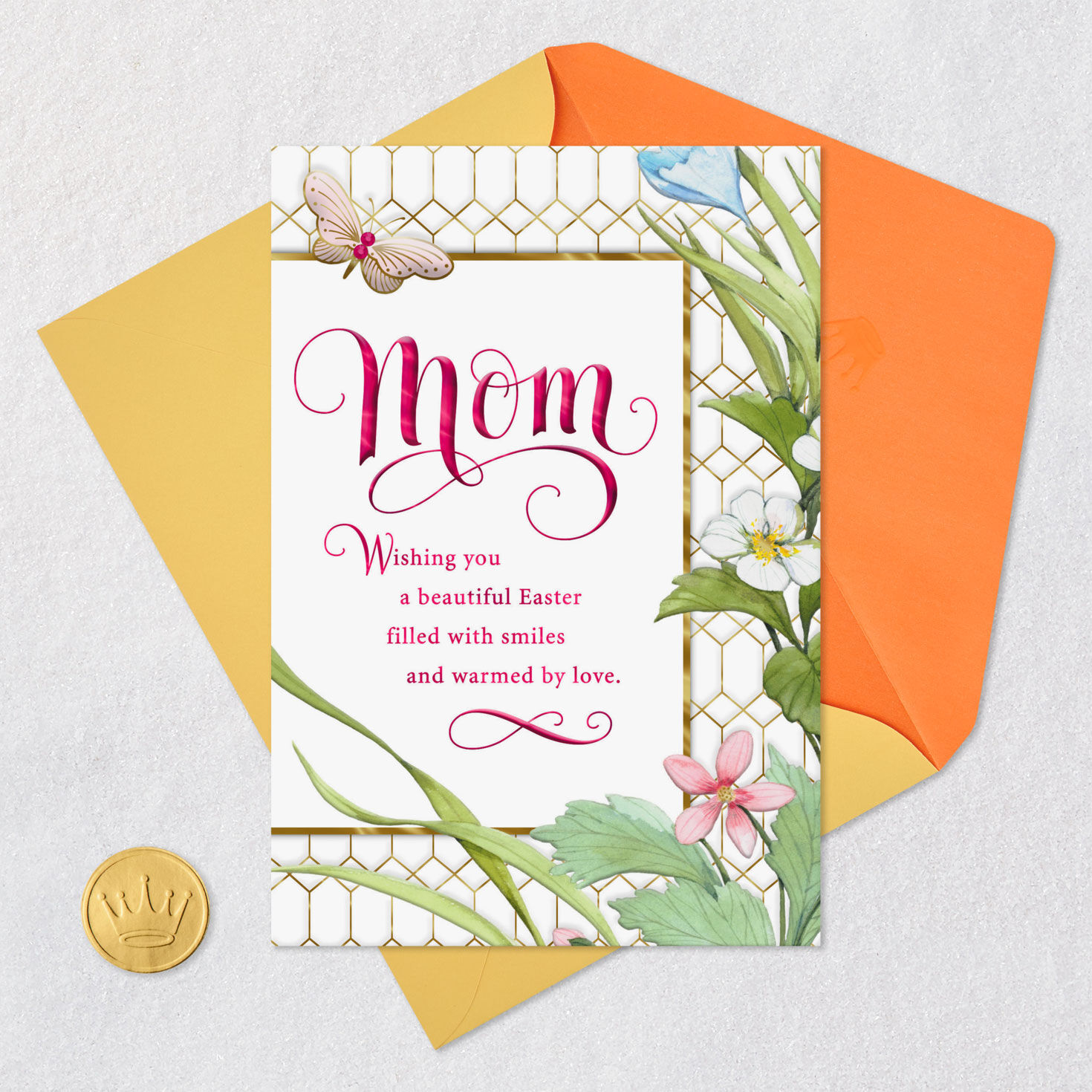Flowers and Butterfly on Lattice Easter Card for Mom Card Front with Envelope and Gold Seal image number 5