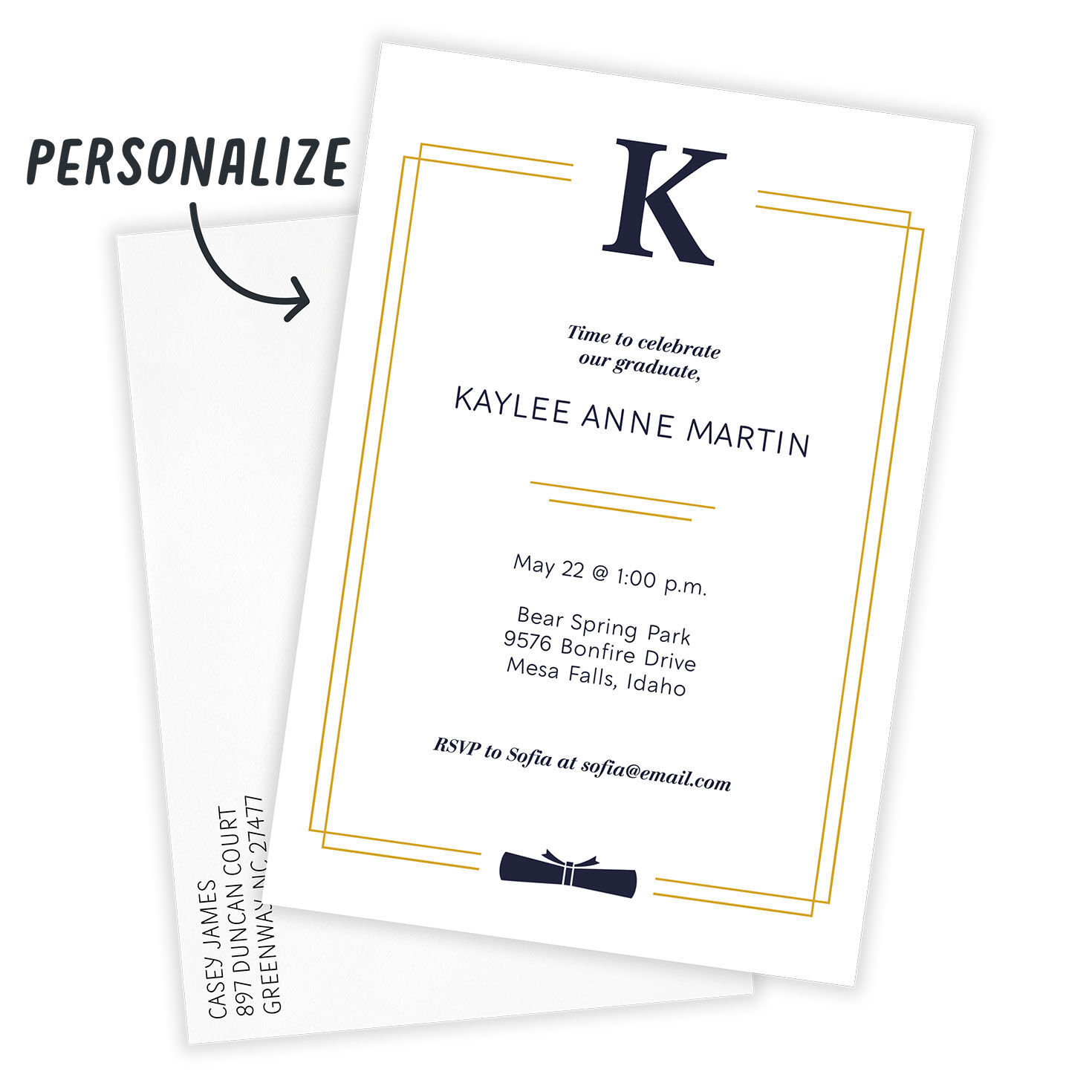 Initial & Diploma in Border Grad Party Invitation Card Front indicating personalization image number 2