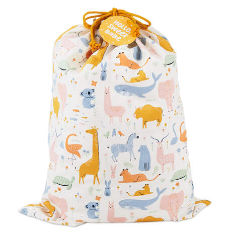 28" Pastel Animals Large Fabric Gift Bag With Tag, , large