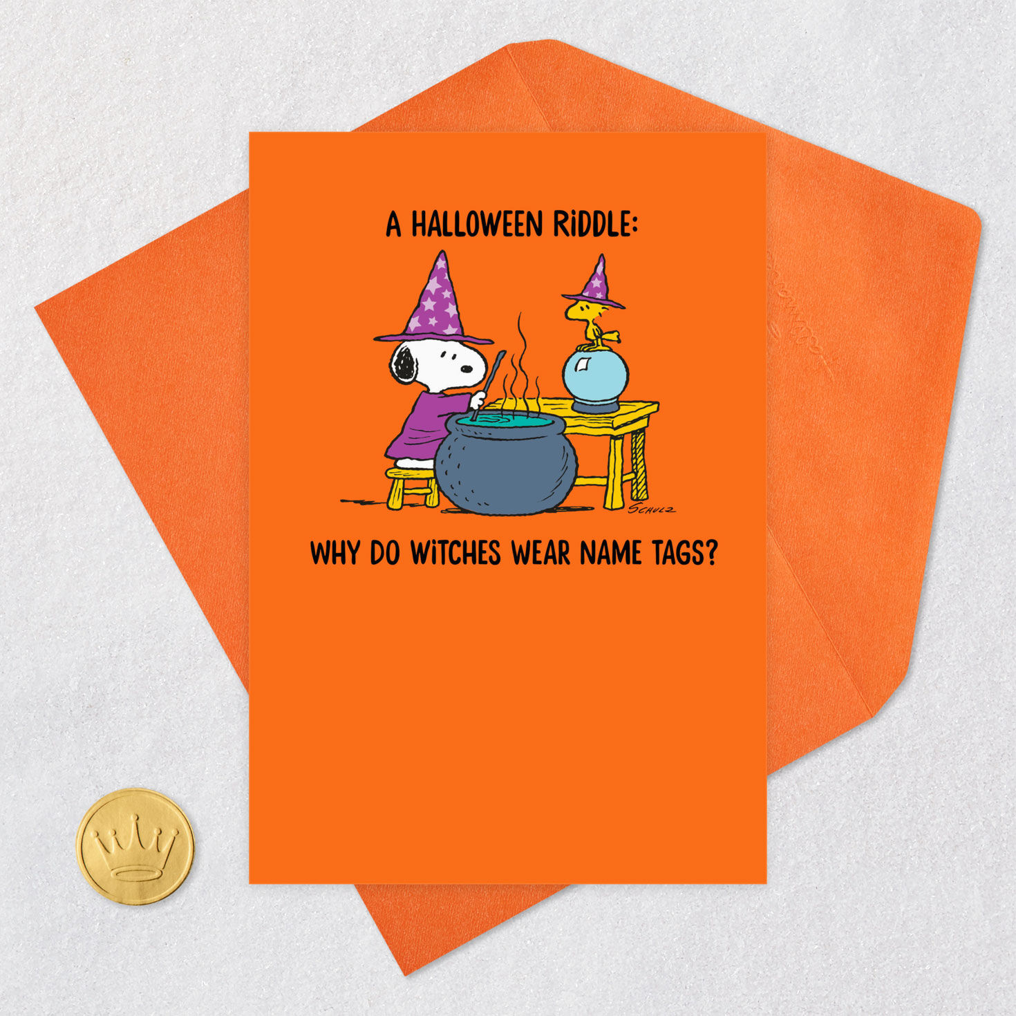 Snoopy and Woodstock Witch Joke Funny Halloween Card Card Front with Envelope and Gold Seal image number 5