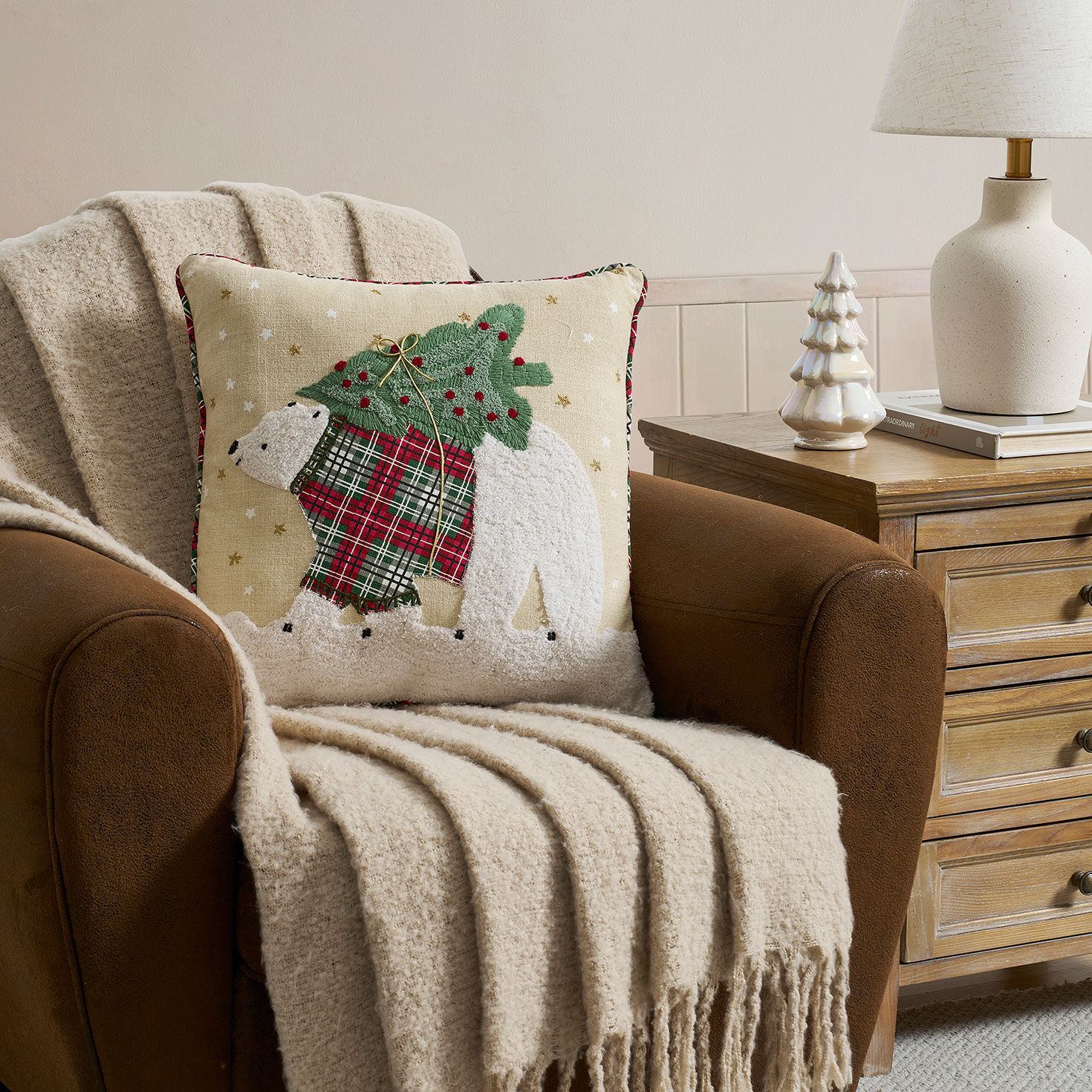 Holiday Polar Bear Square Throw Pillow in use image number 2