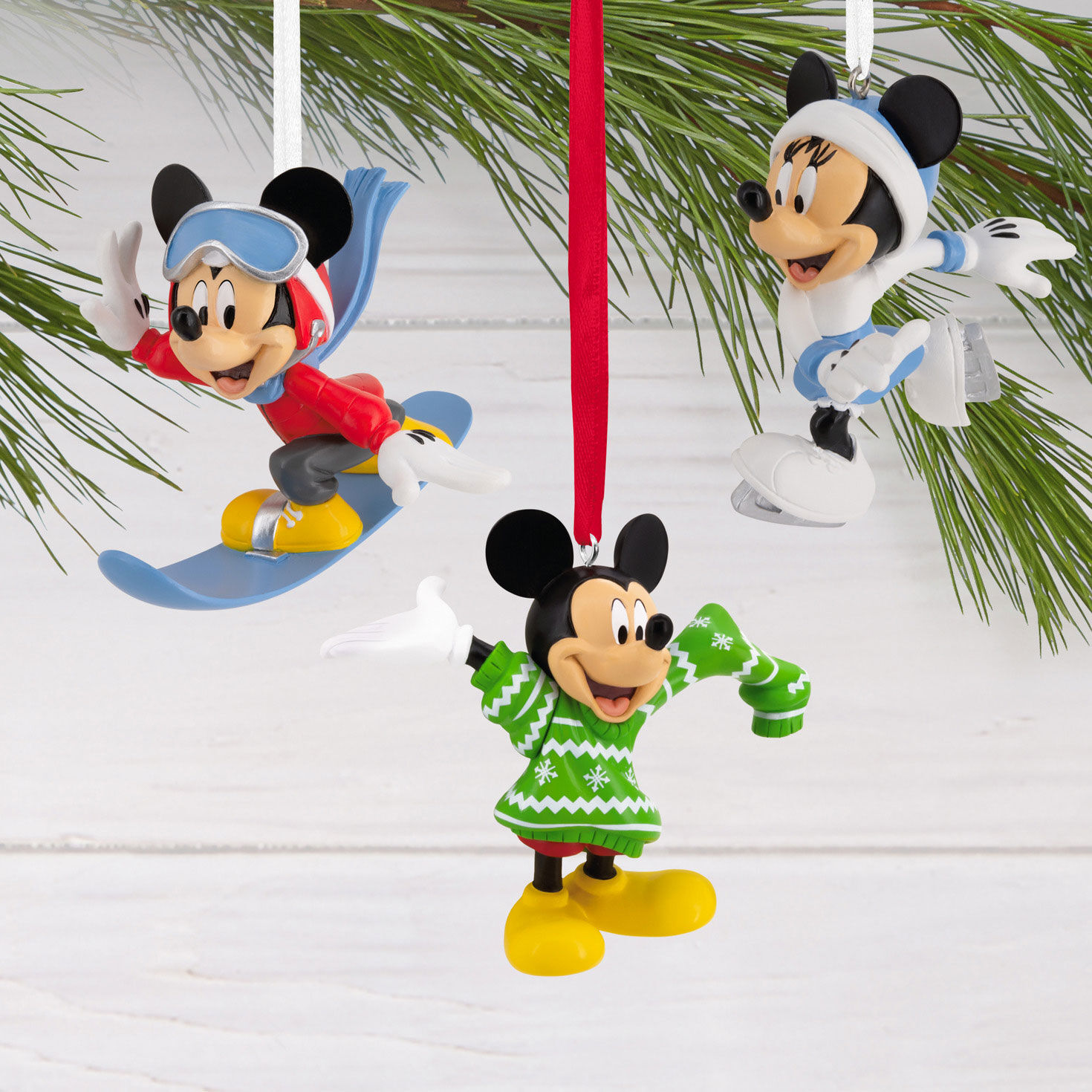 Set of 5 Mickey and Minnie Christmas Ornaments hanging on tree image number 2