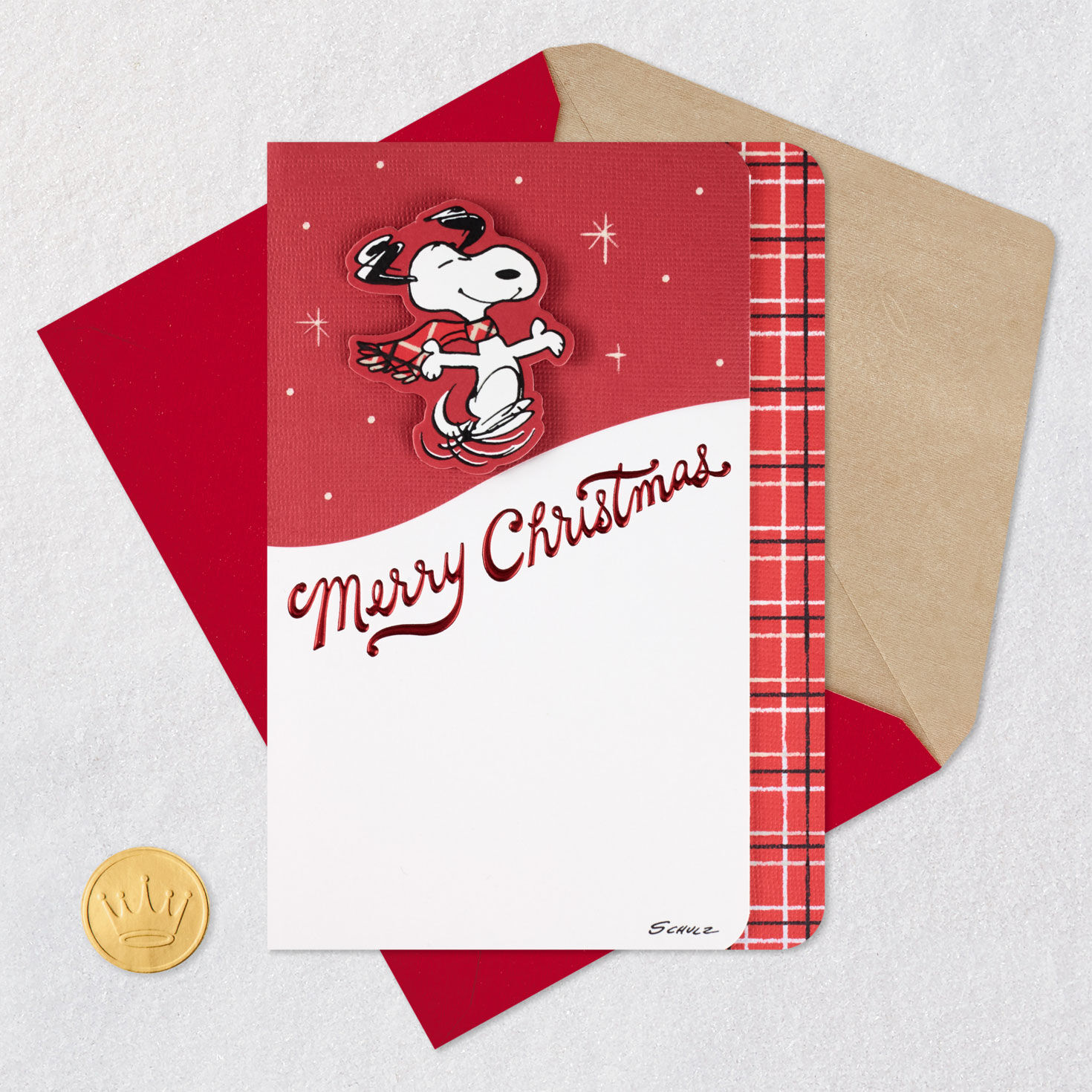 Dancing Snoopy with Scarf Christmas Card Card Front with Envelope and Gold Seal image number 6