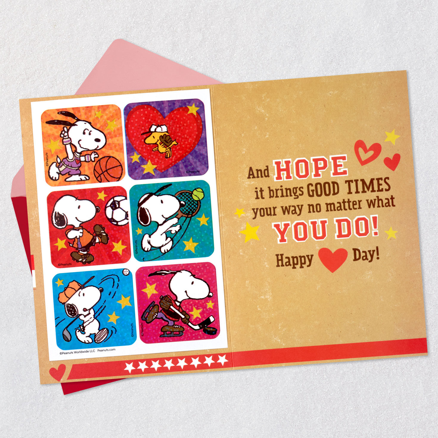 Snoopy and Woodstock Kids Valentine With Sports Stickers Open card with envelope image number 3