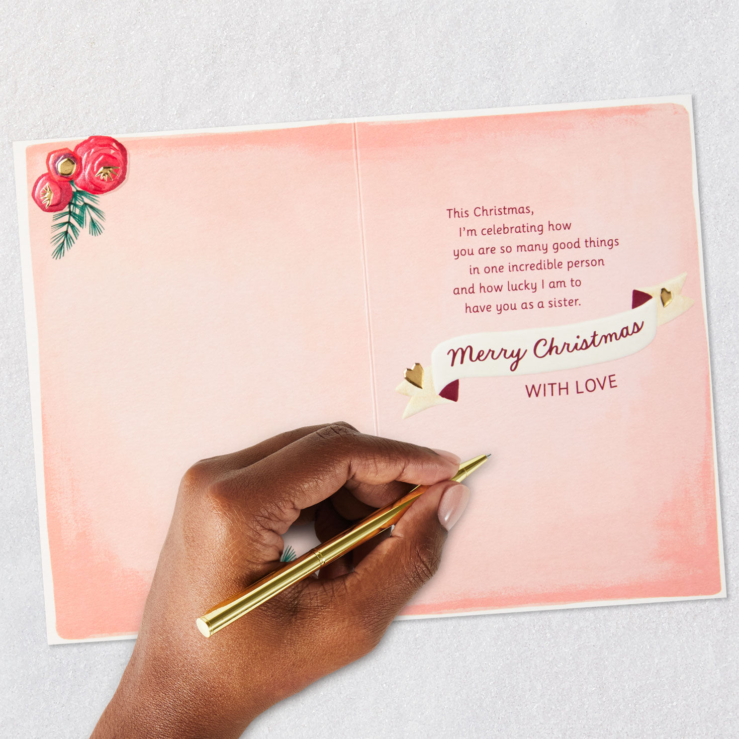 Pink Flowers and Hearts Sister Christmas Card Signing card image number 7