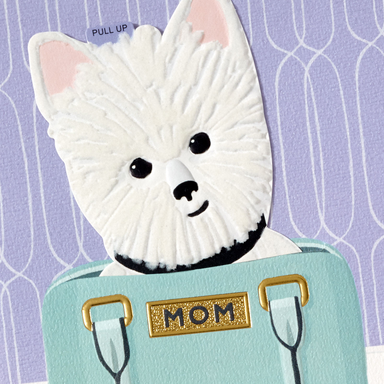 White Dog in Teal and Gold Purse Mother's Day Card Card Front Detail image number 4