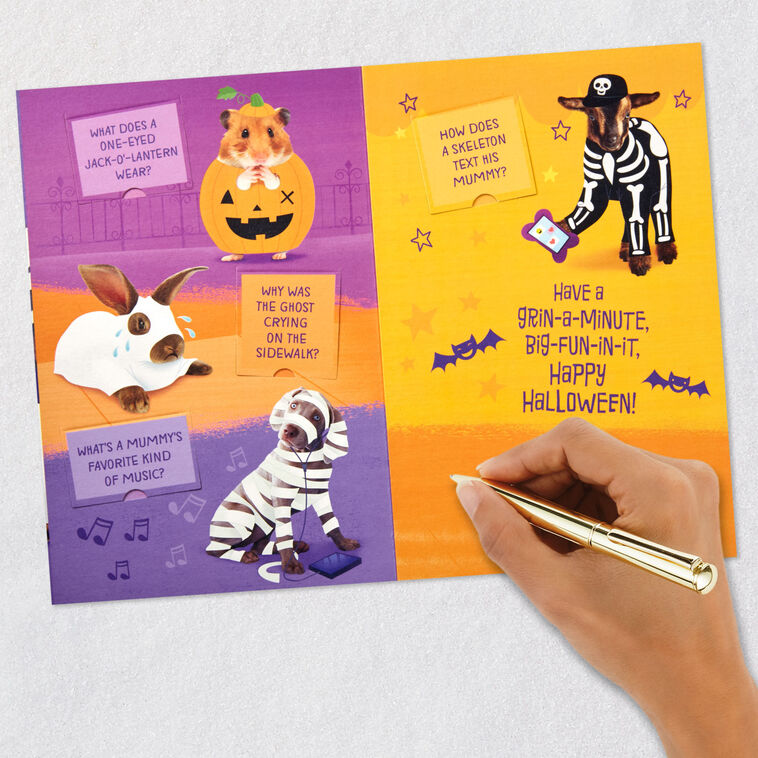 Cat Witch and Mummy Dog Riddles Halloween Card for Kids signing card image number 8