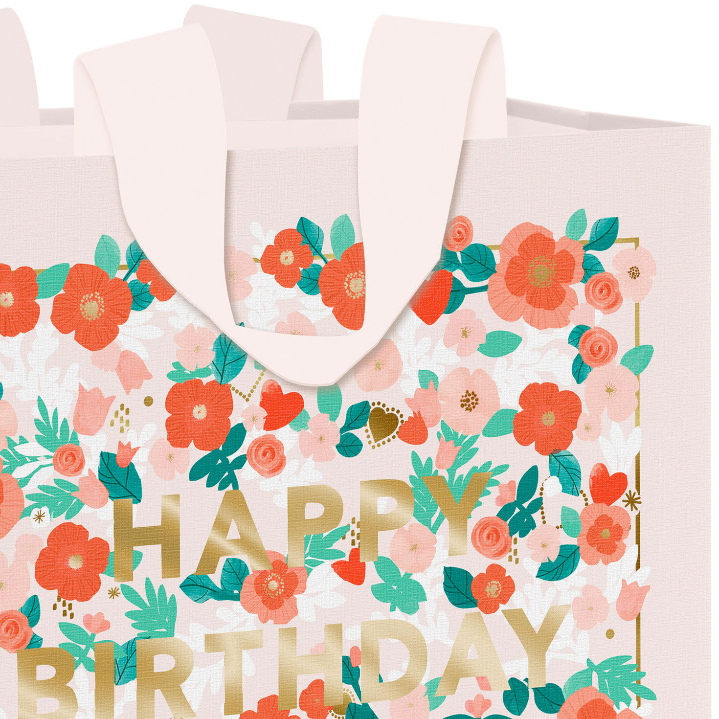 Red, Coral and Pink Floral Happy Birthday Large Bag Handle Detail image number 4
