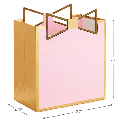 7.7" Pink Polka-Dot Medium Square Gift Bag With Gold Bow Handle, 