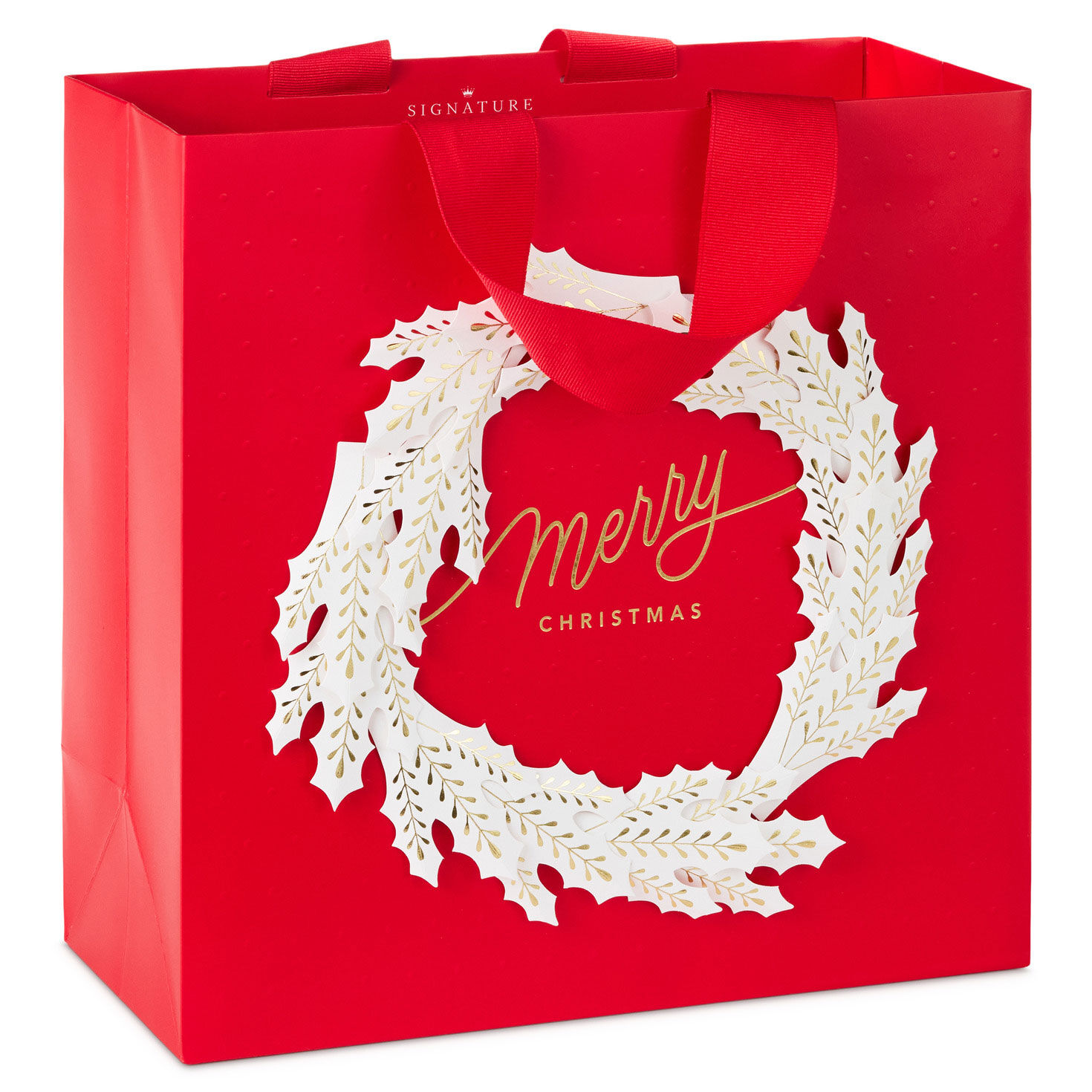 13" White and Gold Wreath on Red Large Christmas Gift Bag