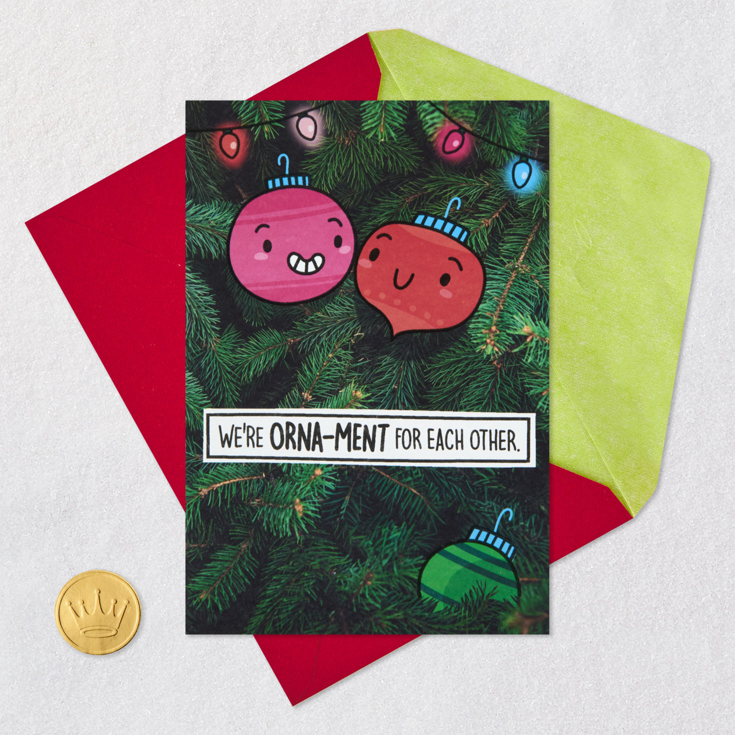 Cartoon Ornaments on Tree Love Christmas Card Card Front with Envelope and Gold Seal image number 6